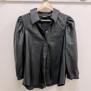Vero Moda Black fauxleather pleather collared buttondown top with puffed sleeve